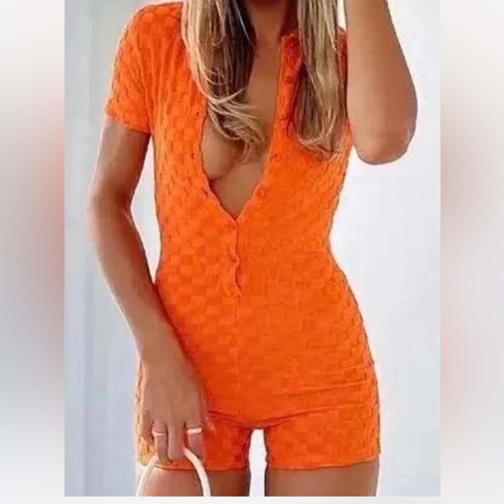 White Fox Boutique Orange Textured Romper